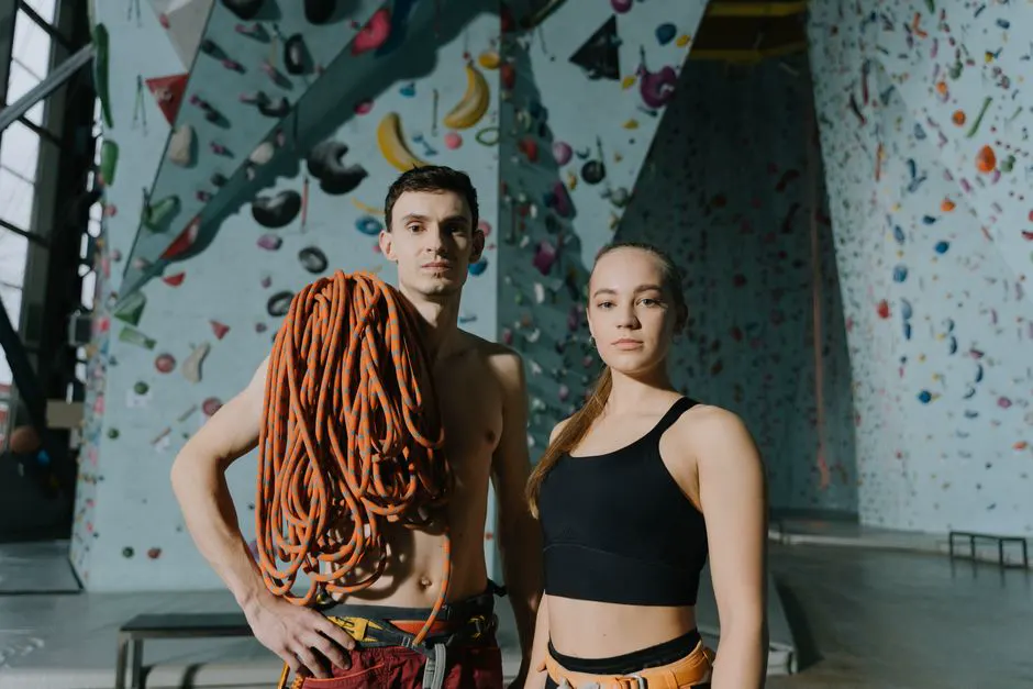 Two athletes training with climbing ropes